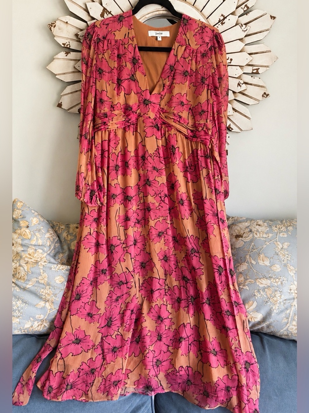 Joie Kaz Silk Floral Midi Dress Sandstorm Multi Pink Orange Boho Size S